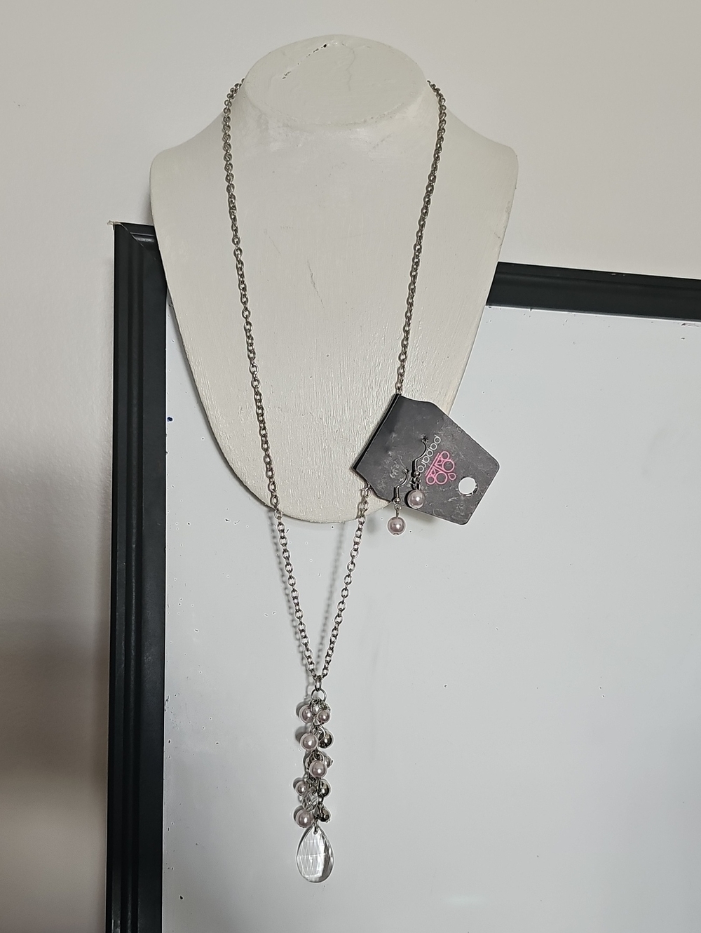 paparazzi Silver Beaded Drop Necklace with Clear Teardrop Accent